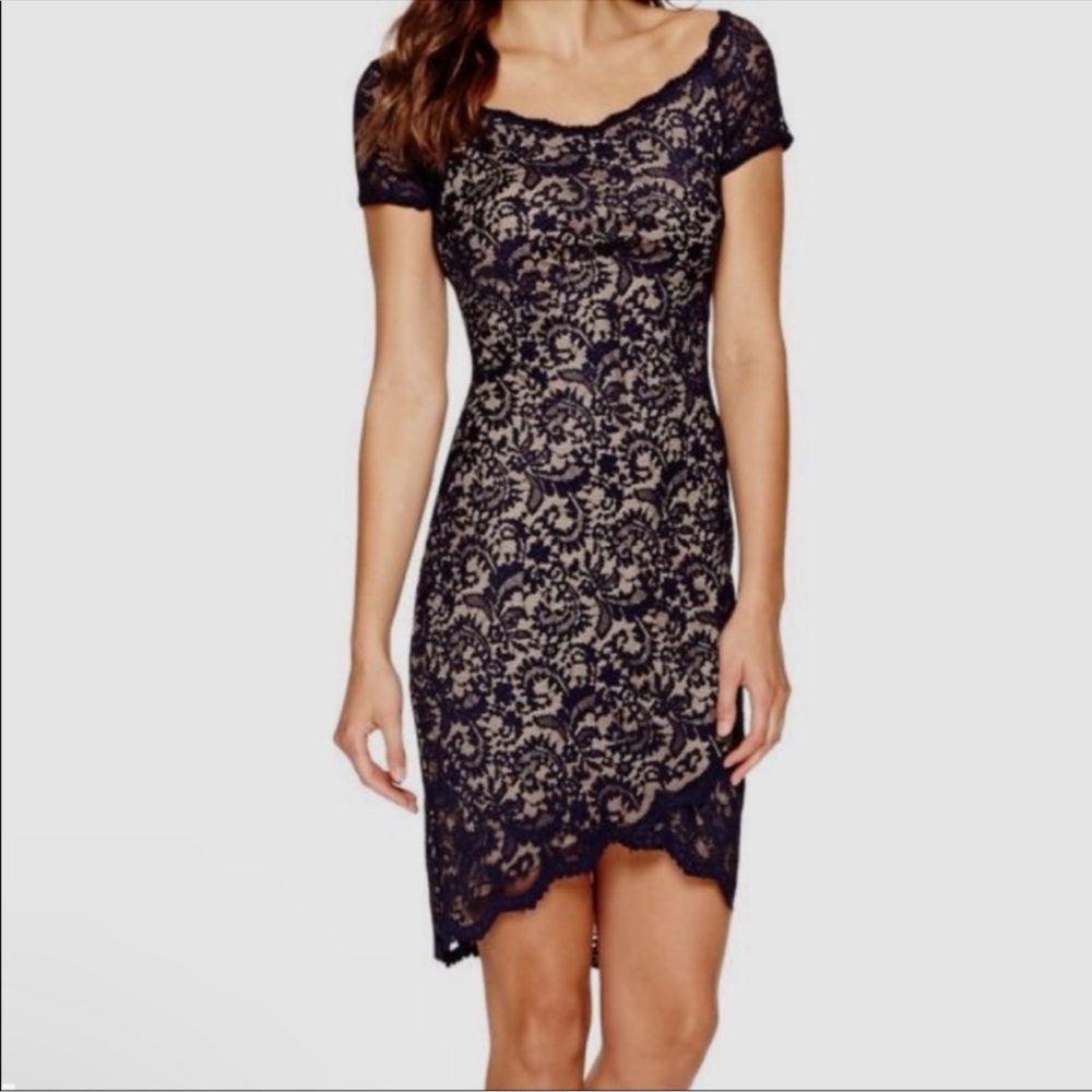 NWT Bisou Bisou Women's Cap Sleeve High Low Lace Sheath Dress Navy Nude Sz 6‎